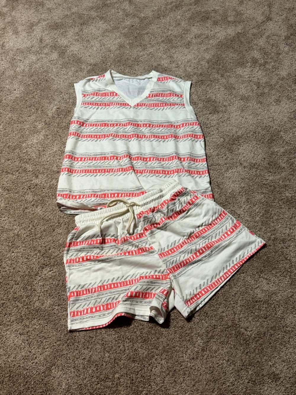 Women’s Cream & Coral Stripe Short Set - size Large